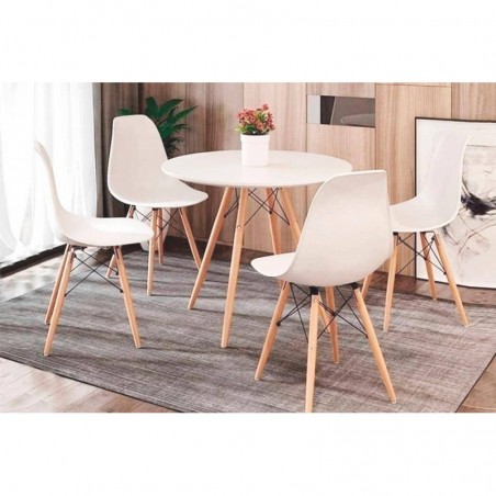 Conjunto Mesa de Comedor Dinamarca Redonda Blanca + 4 Sillas Dinamarca Blancas